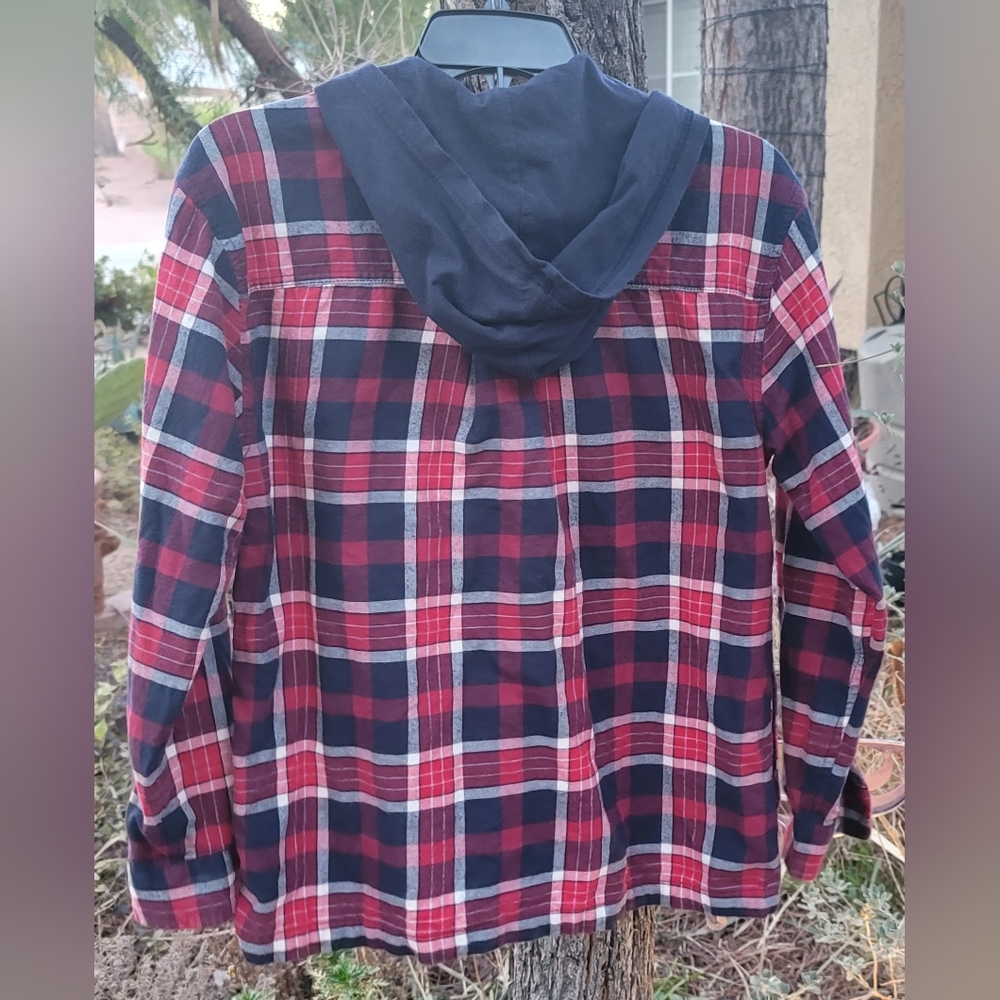 EDDIE BAUER 100% COTTON LINED BUTTON UP HOODIE JACKET SHIRT 3 POCKETS WOMENS SM - Picture 2 of 13